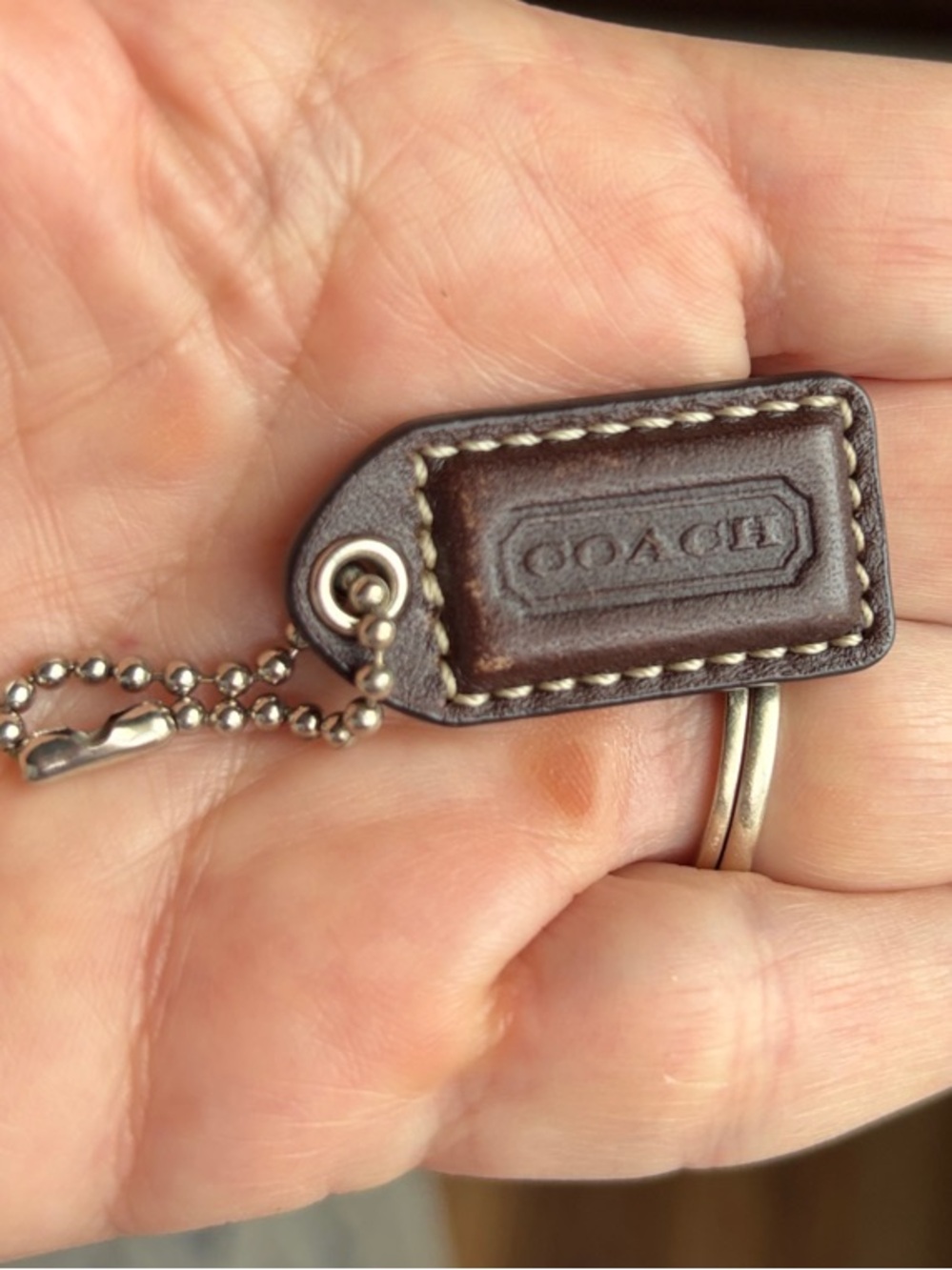 COACH Dark Brown Leather Hang  Tag with Silver Ball Chain